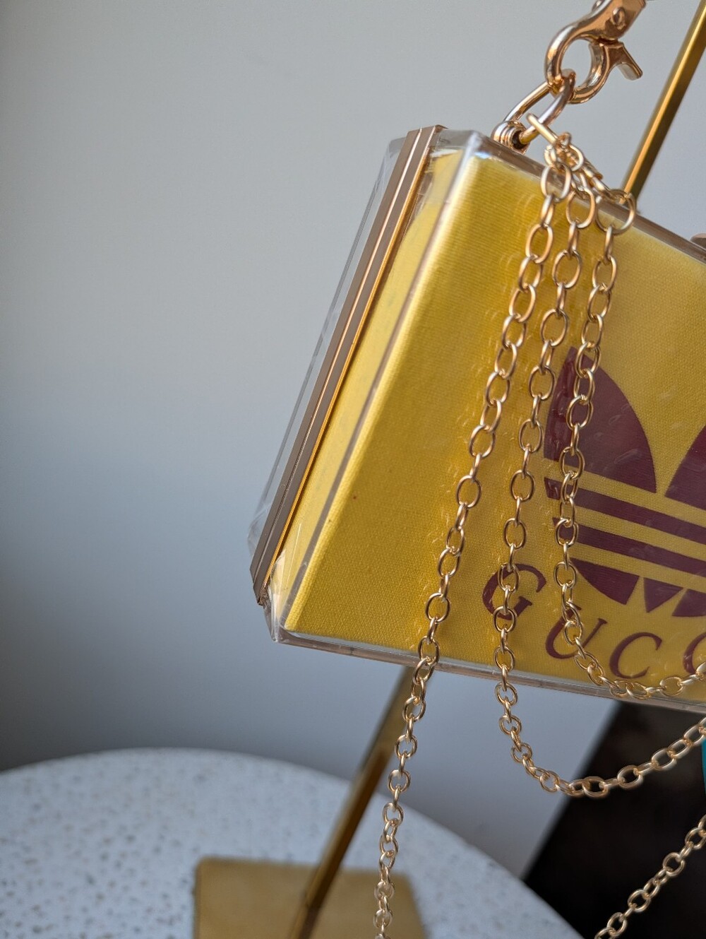 Upcycled Gucci X Adidas Yellow Box Clutch with Burgundy Logo and Teal Ribbon - Picture 9 of 10